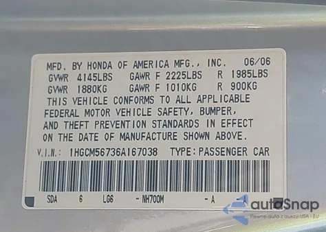 2006 Honda Accord 2.4 Ex z USA, uszkodzony, nr VIN 1HGCM56736A167038